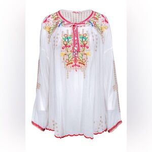 Johnny Was White Floral Embroidered Cupro Blouse, size XL.